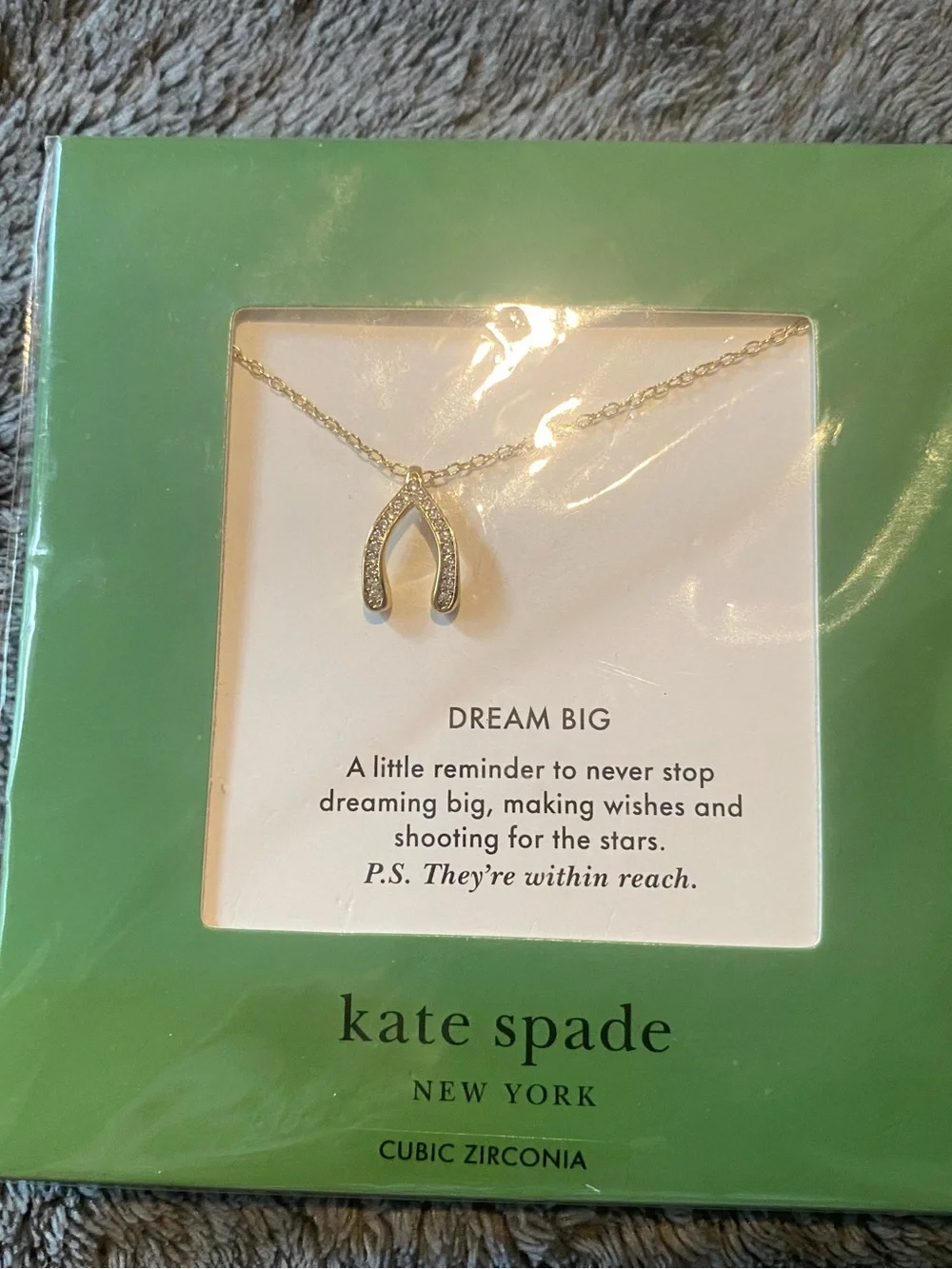 Kate Spade Gold Tone Wishbone “Dream Big” Pendant Necklace with Clear Stones $68